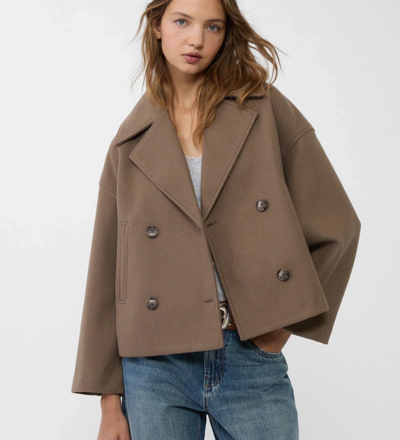 Julie – Veste courte femme à double boutonnage, coupe oversize