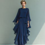 Clémence - Ensemble en Chiffon Bleu Marine avec Volants