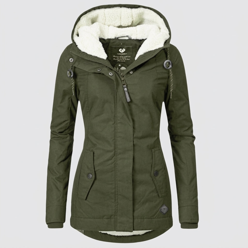 Camille – Manteau femme plissé à capuche doublée, chaud et confortable