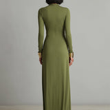 Coralie - Robe Maxi en Soie Olive à Décolleté en V