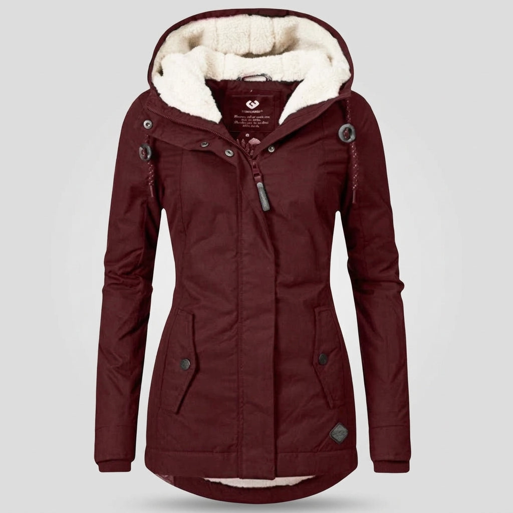 Camille – Manteau femme plissé à capuche doublée, chaud et confortable