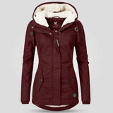Camille – Manteau femme plissé à capuche doublée, chaud et confortable