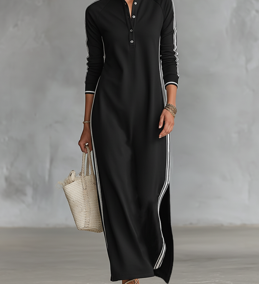 Eugénie - Robe Maxi en Sweat avec Col Boutonné