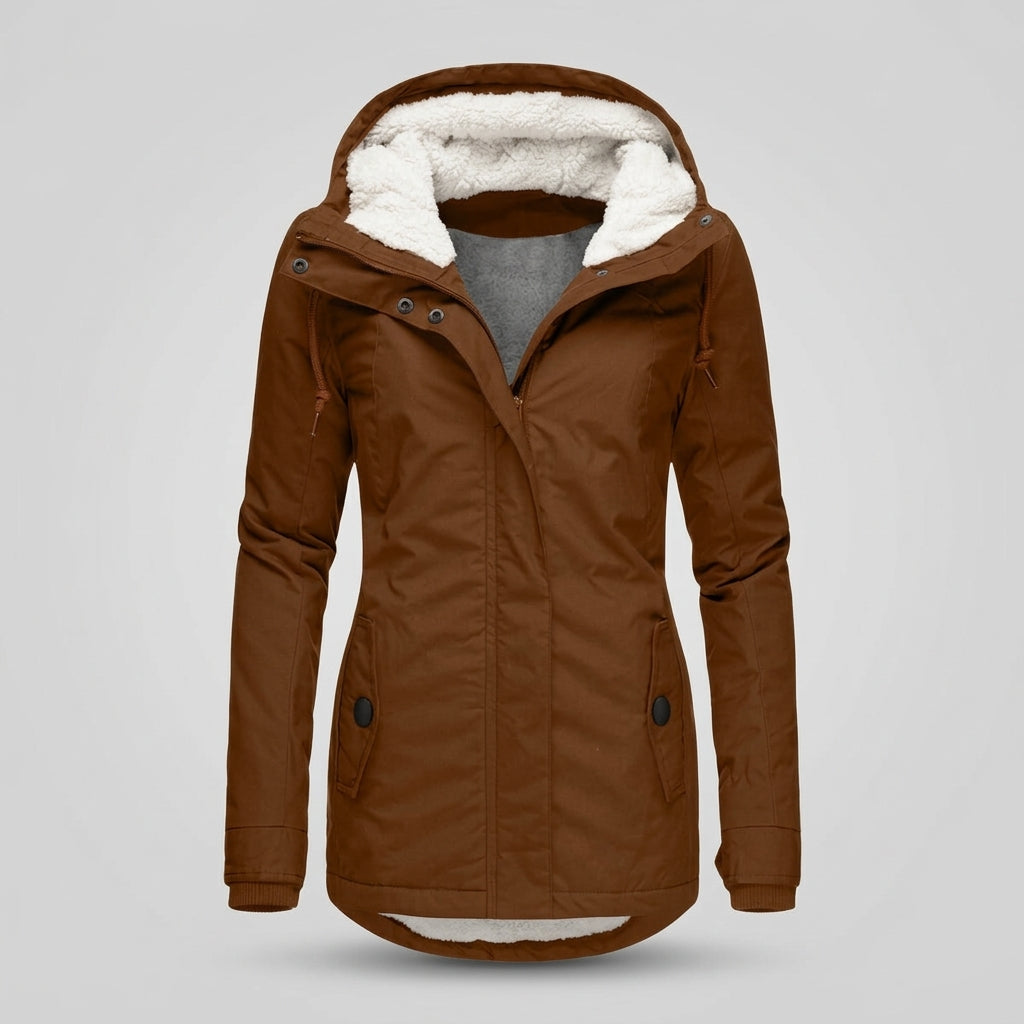 Camille – Manteau femme plissé à capuche doublée, chaud et confortable
