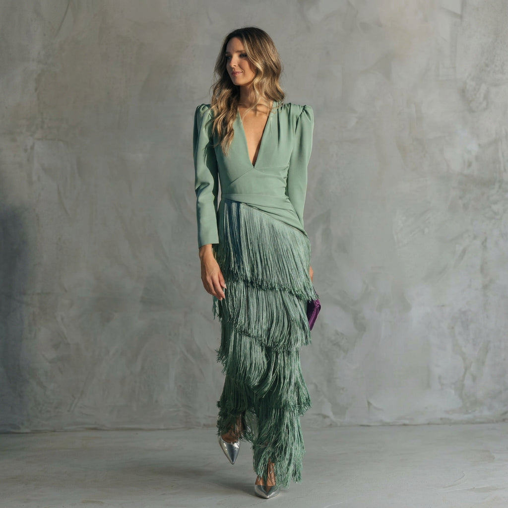Gaby - Robe Longue à Franges avec Décolleté en V