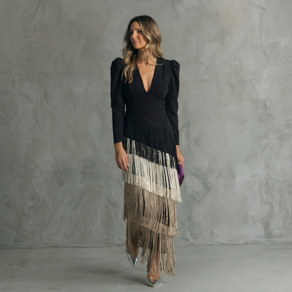 Gaby - Robe Longue à Franges avec Décolleté en V