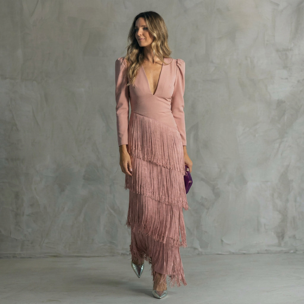 Gaby - Robe Longue à Franges avec Décolleté en V
