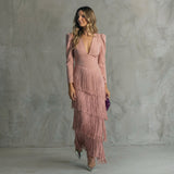 Gaby - Robe Longue à Franges avec Décolleté en V