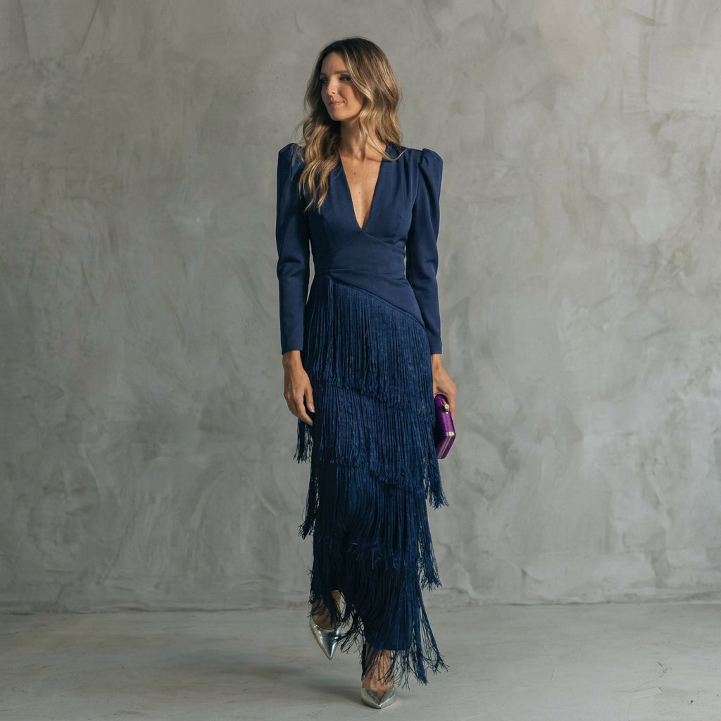 Gaby - Robe Longue à Franges avec Décolleté en V