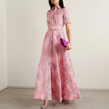 Mathilde - Robe Longue en Jacquard Floral avec Ceinture