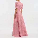 Mathilde - Robe Longue en Jacquard Floral avec Ceinture