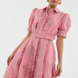 Mathilde - Robe Longue en Jacquard Floral avec Ceinture