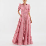 Mathilde - Robe Longue en Jacquard Floral avec Ceinture