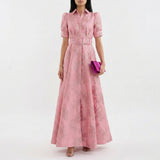 Mathilde - Robe Longue en Jacquard Floral avec Ceinture