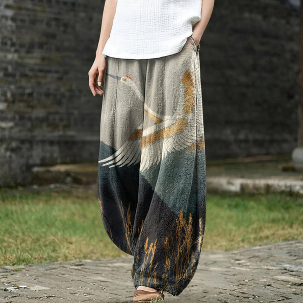 Margaux – Pantalon large beige à motif d'oiseaux