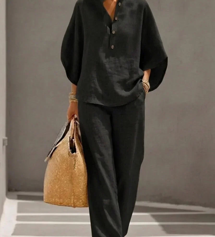 Marielle - Ensemble en lin avec manches chauve-souris et pantalon large