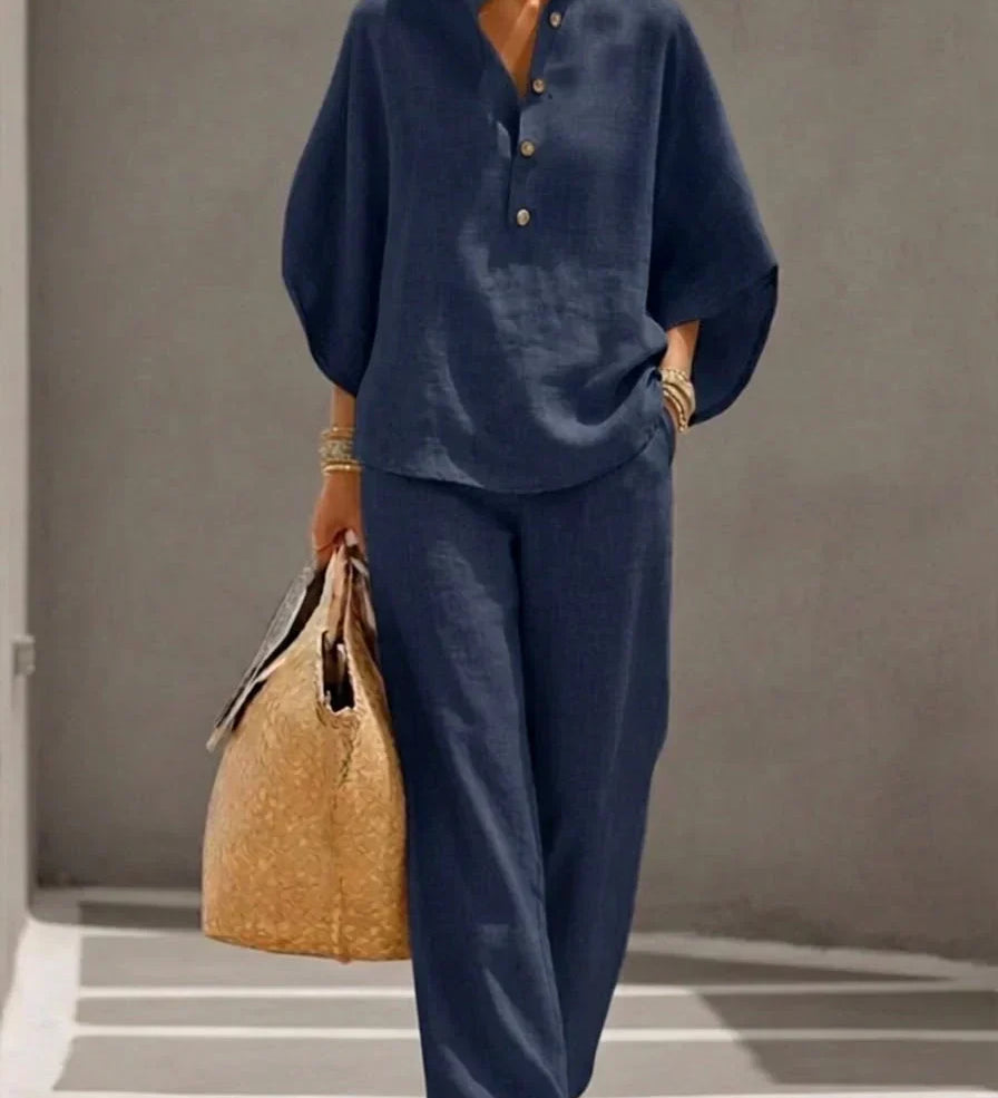 Marielle - Ensemble en lin avec manches chauve-souris et pantalon large