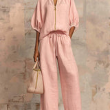 Aline - Ensemble de deux pièces : Chemise de style décontracté et pantalon à jambe large
