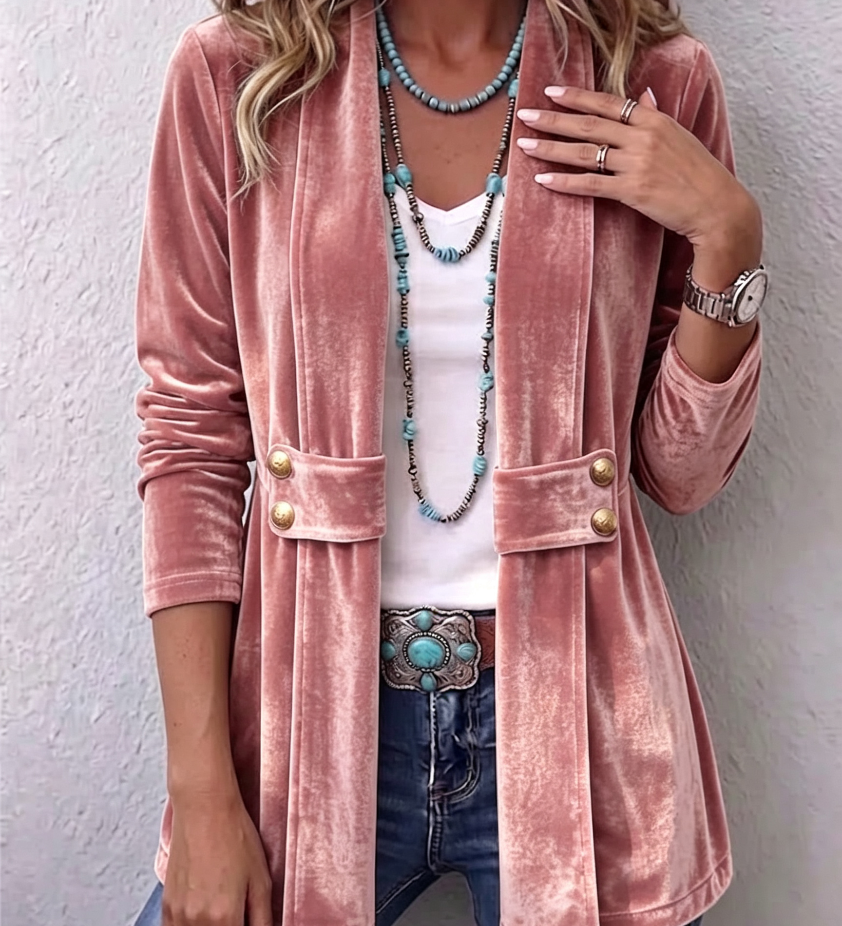 Renée | Veste Vintage Détail Bouton Revers à Manches Longues