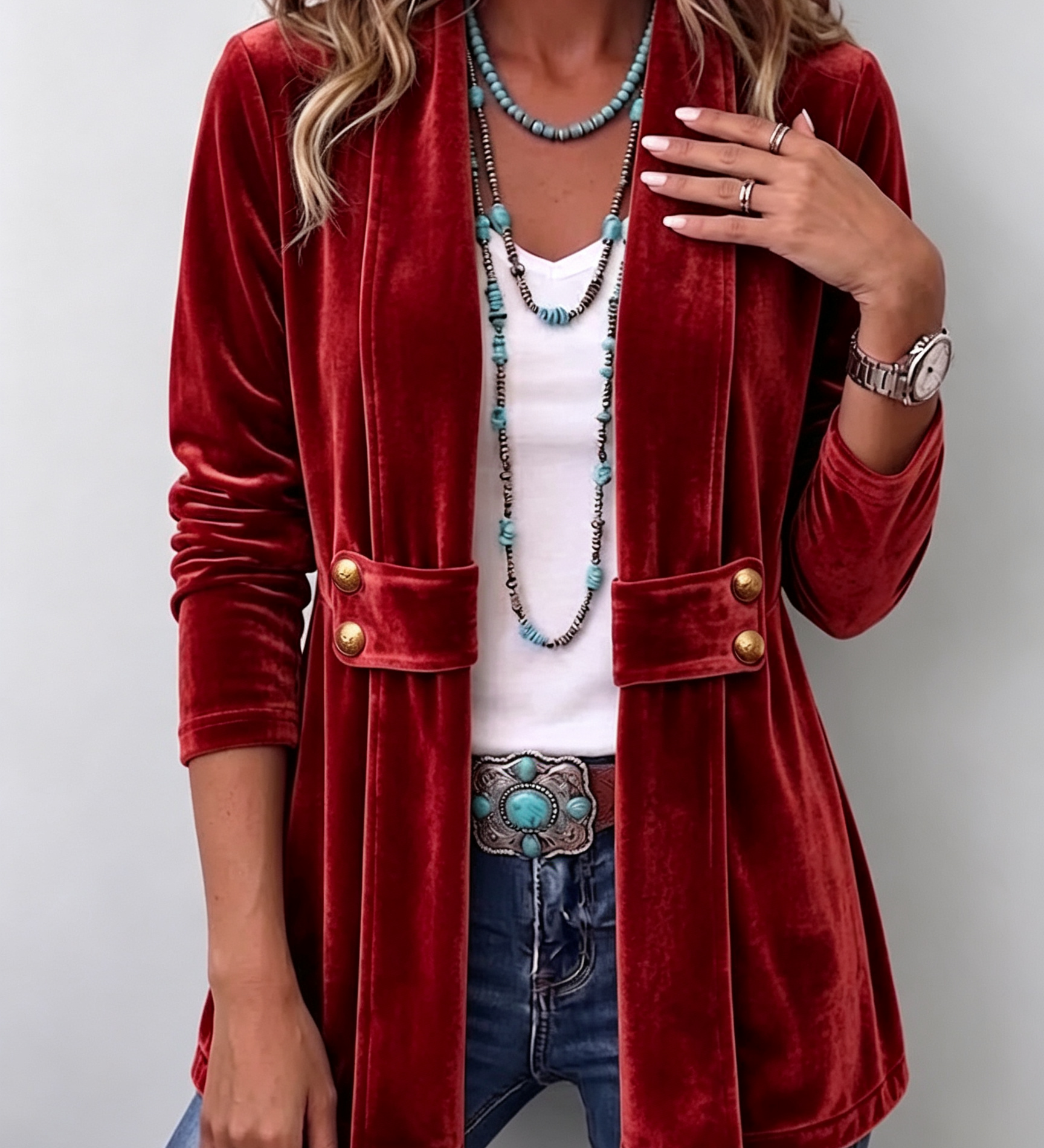 Renée | Veste Vintage Détail Bouton Revers à Manches Longues