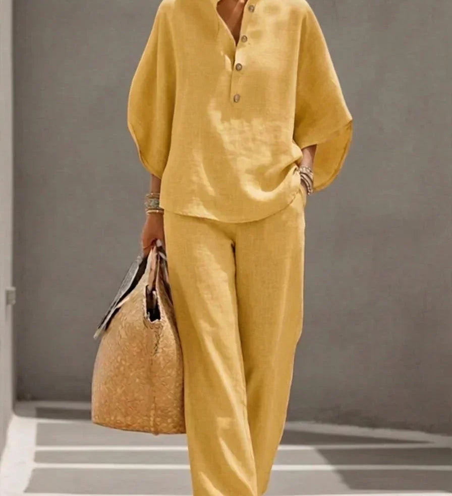 Marielle - Ensemble en lin avec manches chauve-souris et pantalon large