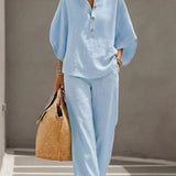 Marielle - Ensemble en lin avec manches chauve-souris et pantalon large