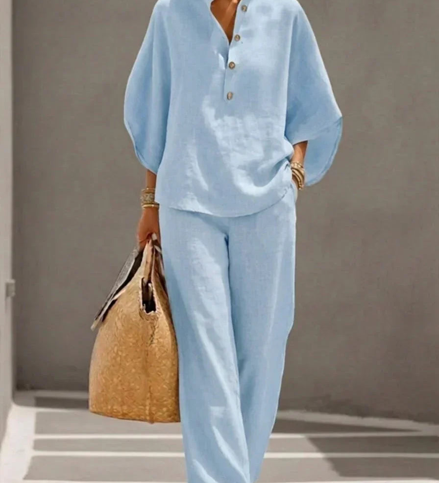 Marielle - Ensemble en lin avec manches chauve-souris et pantalon large