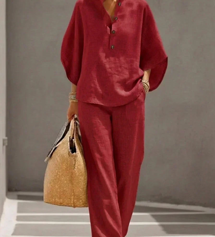 Marielle - Ensemble en lin avec manches chauve-souris et pantalon large