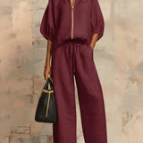 Aline - Ensemble de deux pièces : Chemise de style décontracté et pantalon à jambe large