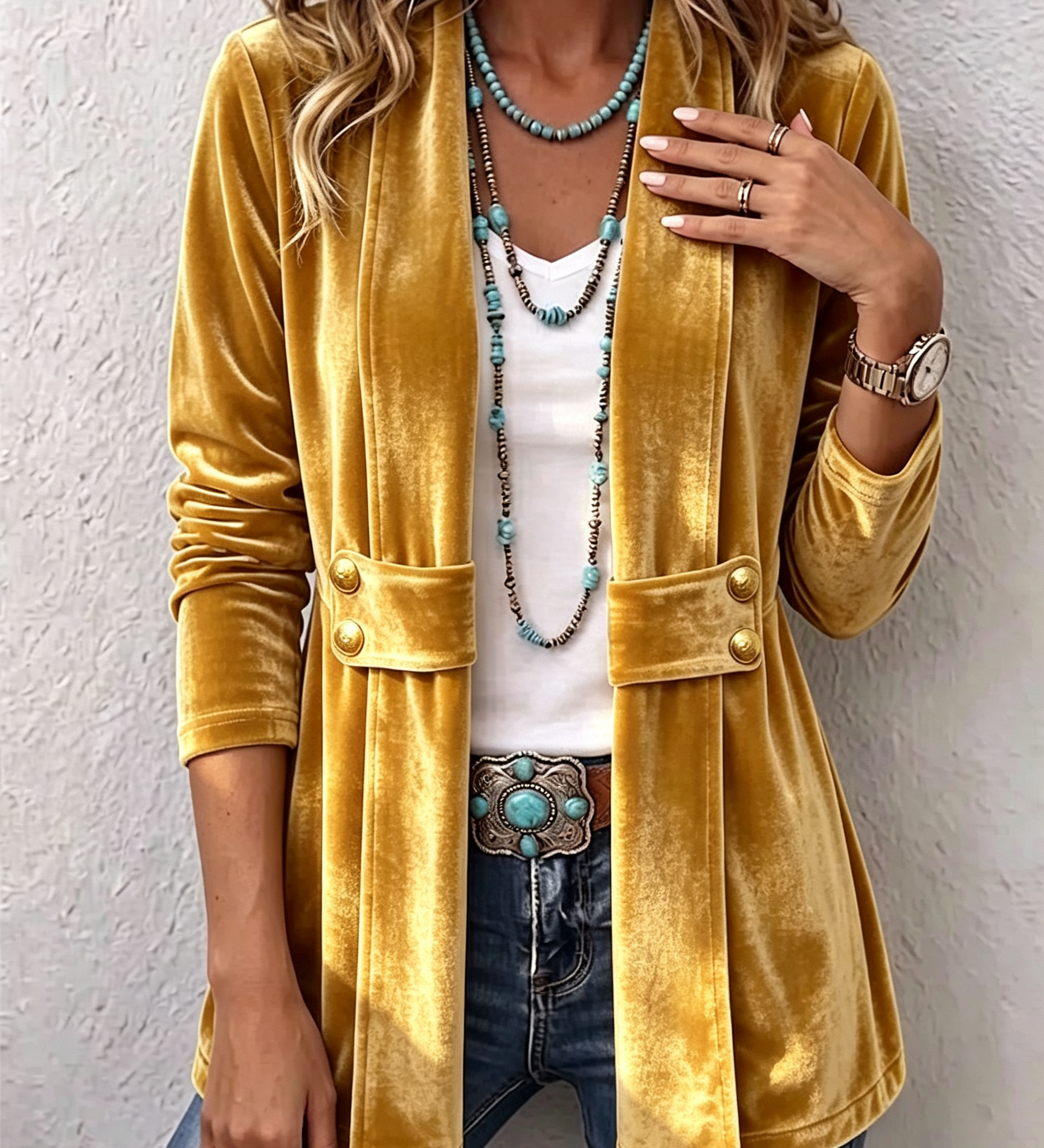 Renée | Veste Vintage Détail Bouton Revers à Manches Longues
