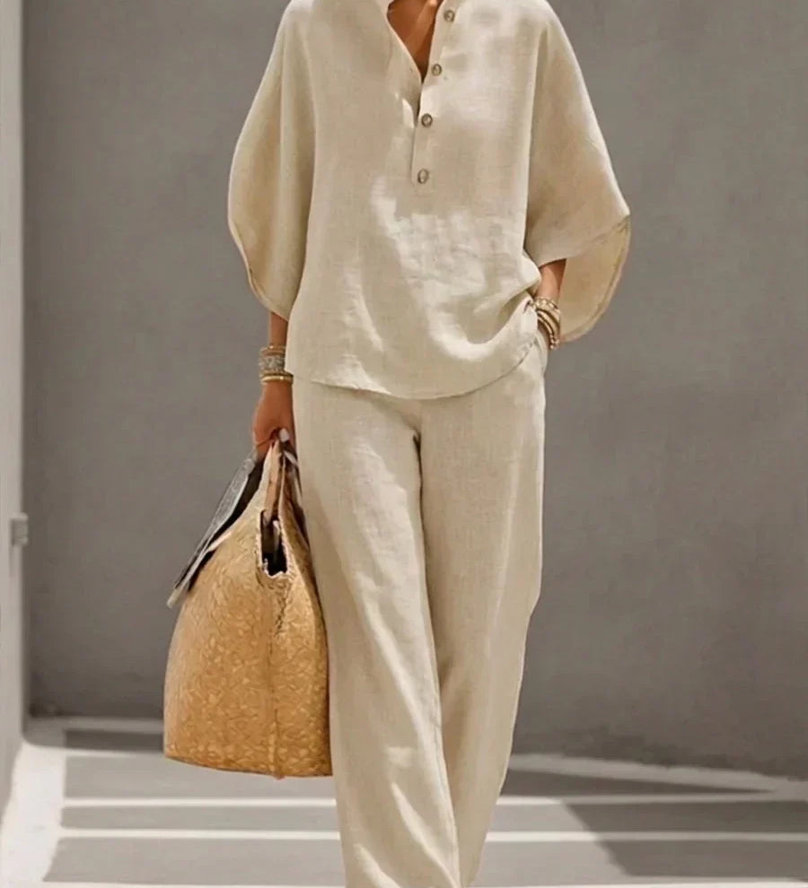 Marielle - Ensemble en lin avec manches chauve-souris et pantalon large