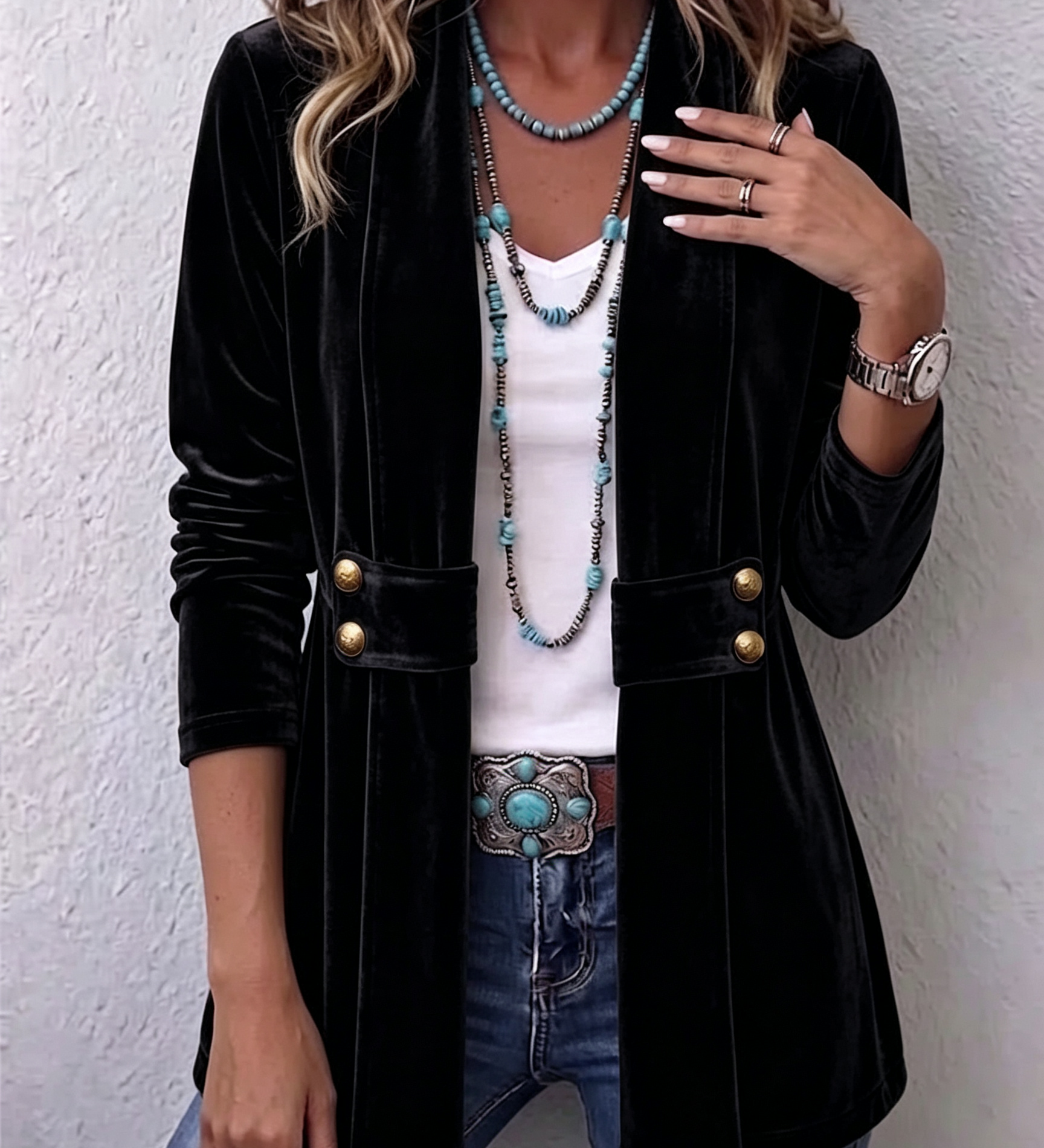 Renée | Veste Vintage Détail Bouton Revers à Manches Longues