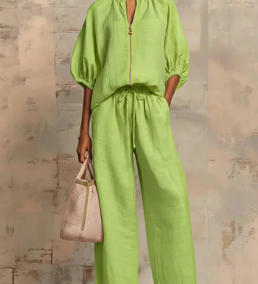 Aline - Ensemble de deux pièces : Chemise de style décontracté et pantalon à jambe large
