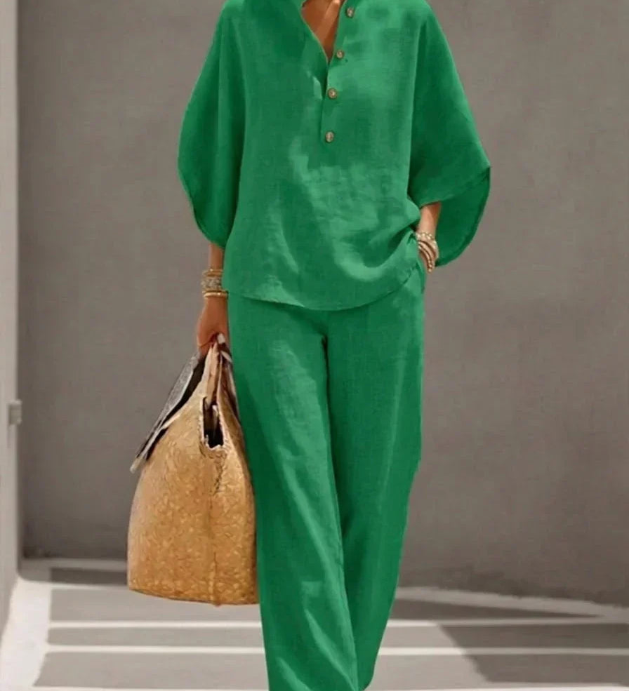 Marielle - Ensemble en lin avec manches chauve-souris et pantalon large