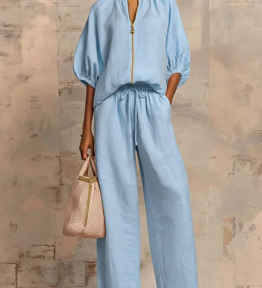 Aline - Ensemble de deux pièces : Chemise de style décontracté et pantalon à jambe large